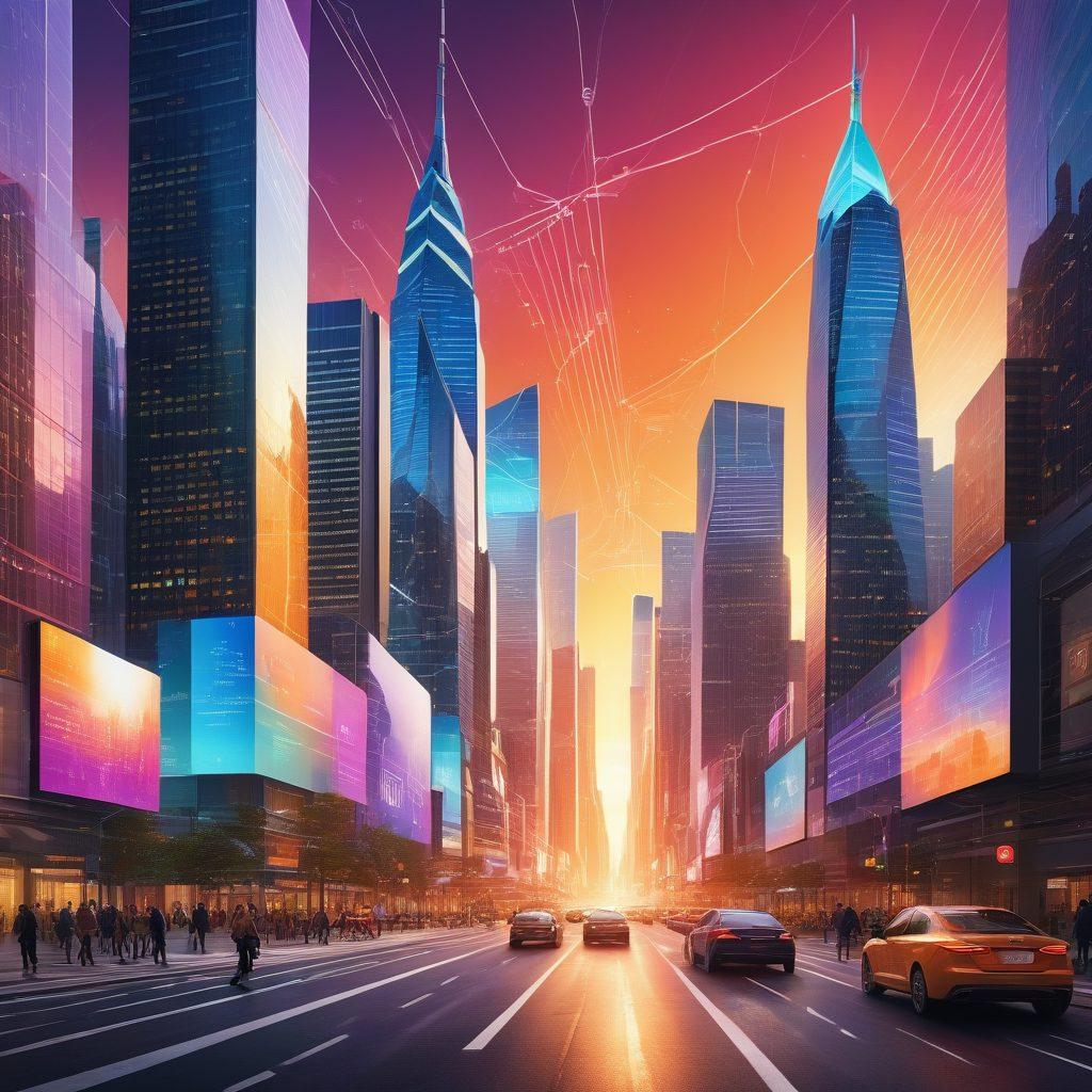 A futuristic cityscape representing digital insurance innovations, showcasing skyscrapers with digital displays of policy graphs and plans. Include diverse people interacting with holographic insurance tools, surrounded by flowing data streams and icons of security and technology. The sky is bright with a digital sunrise, symbolizing innovation and progress. vibrant colors. 3D.