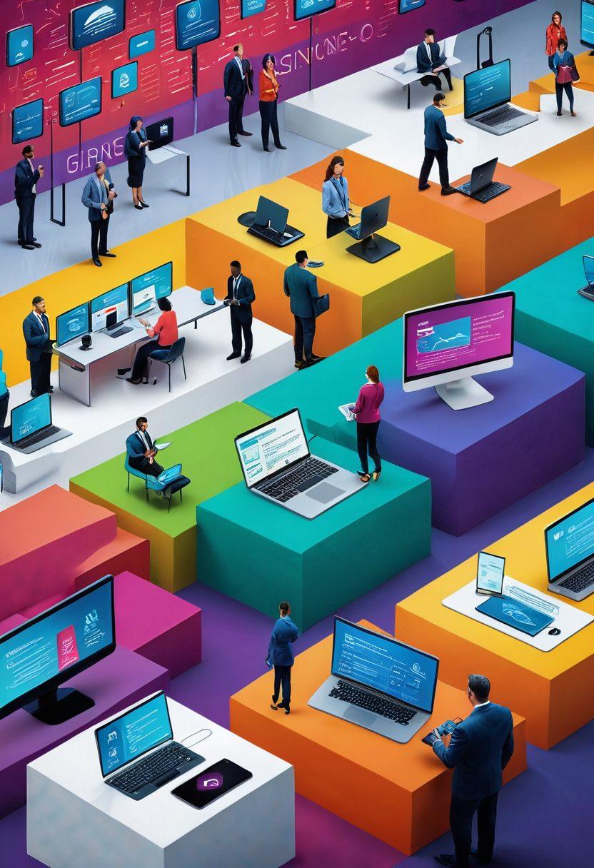 A modern digital landscape showcasing a diverse array of people engaging with insurance services through various devices like smartphones and laptops. Include vibrant infographics symbolizing choices and empowerment, along with abstract representations of trust and security. Capture a blend of traditional and digital insurance elements, conveying transformation and innovation. Bright colors and a sleek, futuristic design. super-realistic. vibrant colors. 3D.