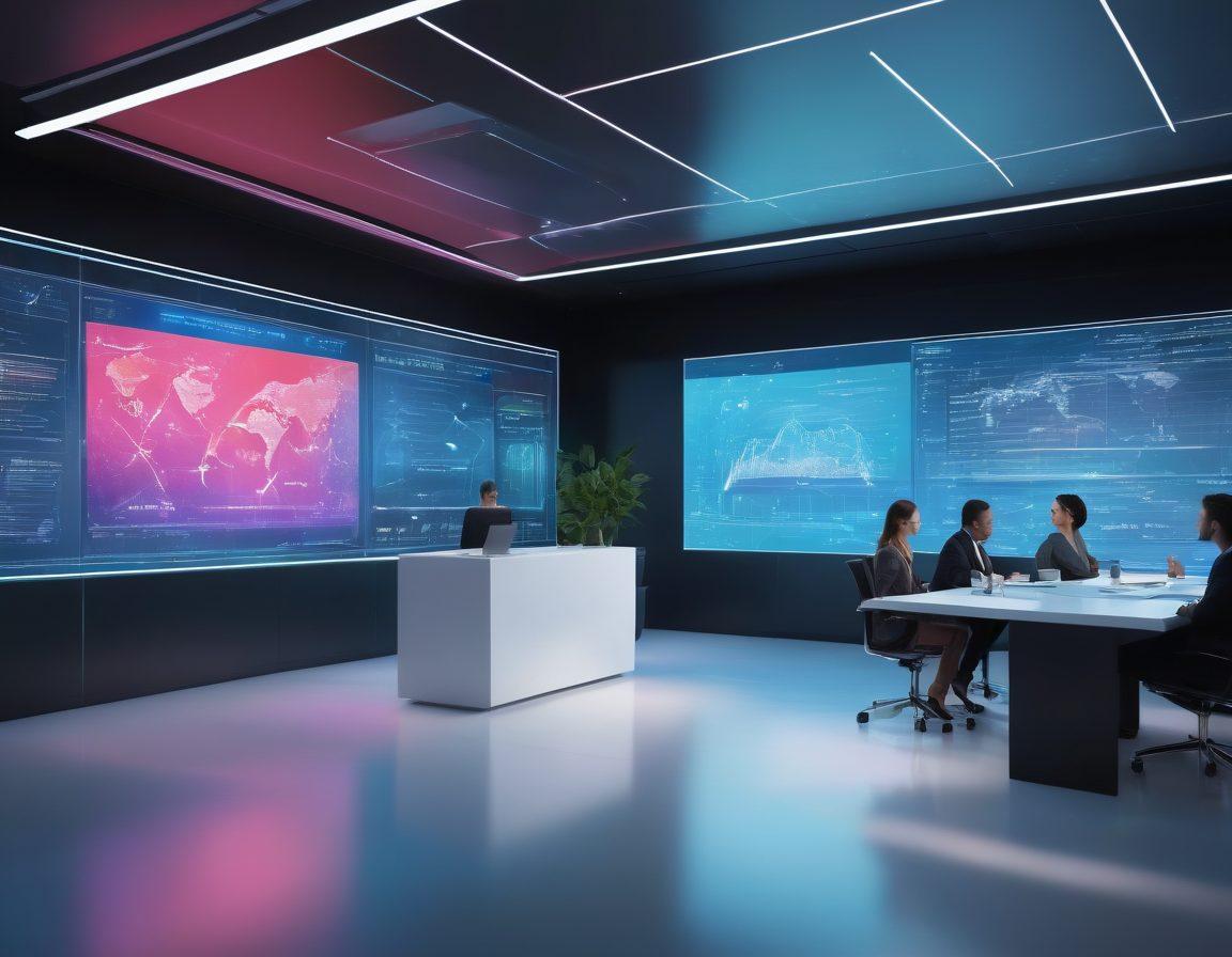 A futuristic landscape illustrating a digital insurance office with holographic displays showcasing personalized coverage options. Include diverse people interacting with interactive screens and floating data visuals like charts and policy documents. The setting should evoke a sense of innovation and security, with a blend of technology and warmth. Use bright, vibrant colors to highlight the digital elements and the human touch. hyper-realistic. vibrant colors. 3D.